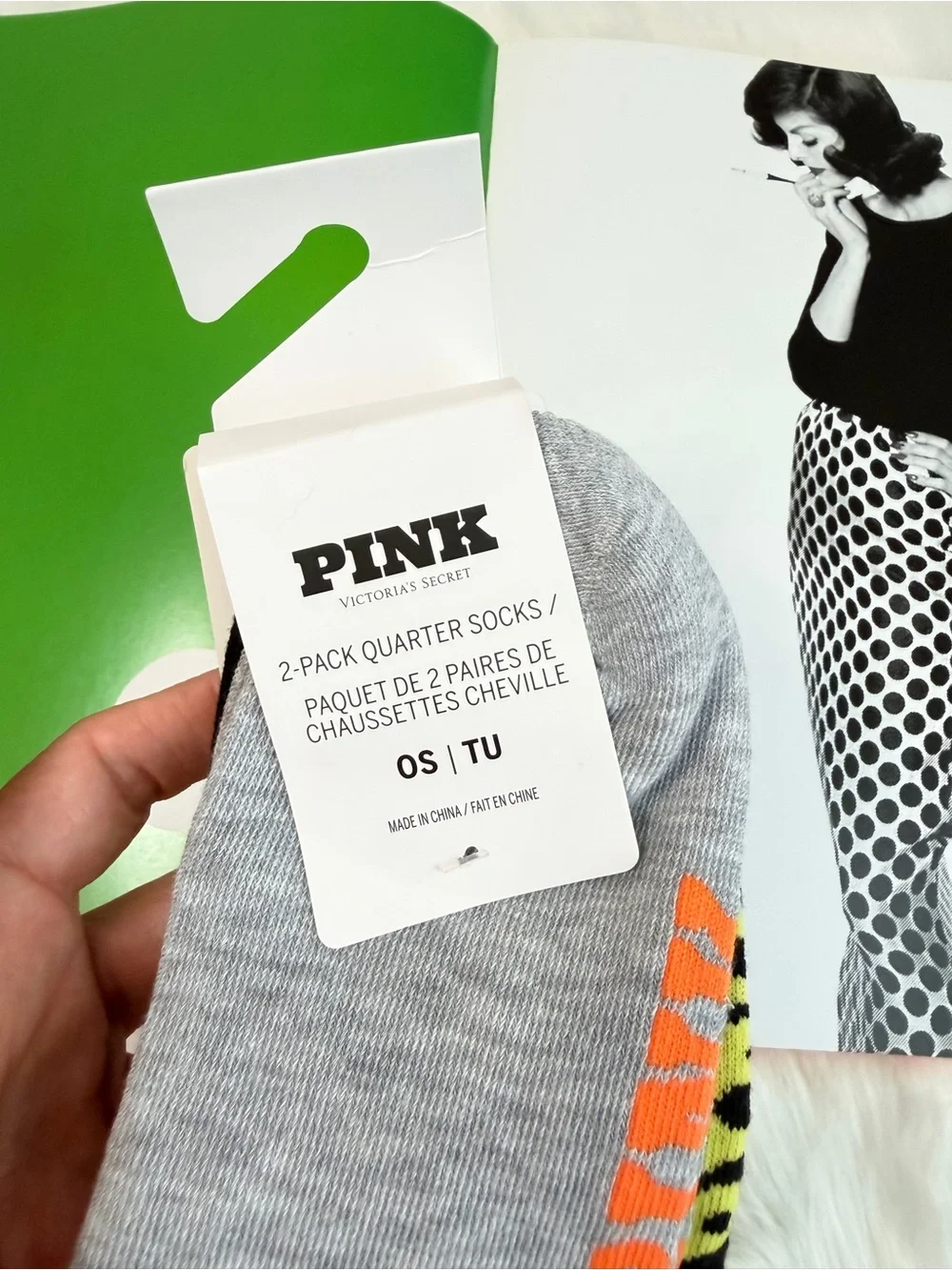 PINK Victoria's Secret Gray Ankle Socks with Orange Pineapple Accent